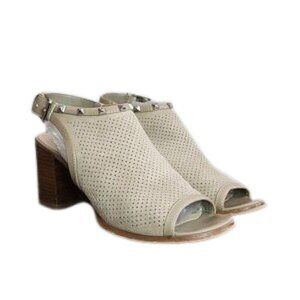 MARC FISHER Parso taupe suede studded peep toe block heel sandals